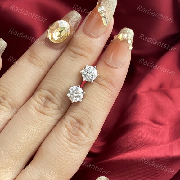 2 CT Lab Diamond Stud Earrings: 14K Gold Six-prong Solitaire  NEW Certified 2ct. t.w. Moissanite 6 Prong Solitaire Stud Earrings
